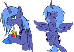 Size: 850x600 | Tagged: safe, artist:orioninspiration, princess luna, alicorn, pony, both cutie marks, juice box, on back, s1 luna, simple background, solo, spread wings, transparent background, underhoof