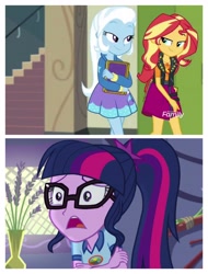 Size: 3106x4096 | Tagged: safe, derpibooru import, sci-twi, sunset shimmer, trixie, twilight sparkle, better together, equestria girls, forgotten friendship, legend of everfree