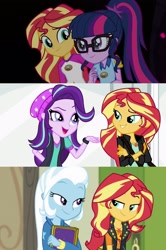 Size: 1703x2560 | Tagged: safe, derpibooru import, edit, edited screencap, screencap, sci-twi, starlight glimmer, sunset shimmer, trixie, twilight sparkle, better together, equestria girls, forgotten friendship, legend of everfree, mirror magic, spoiler:eqg specials, beanie, hat, sunset shimmer gets all the mares