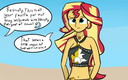 Size: 5000x3114 | Tagged: safe, artist:artiks, derpibooru import, sunset shimmer, trixie, better together, equestria girls, forgotten friendship, beach, belly button, clothes, debate in the comments, dialogue, female, friendship lesson, geode of empathy, grammar error, misspelling, speech bubble, swimsuit