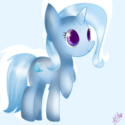 Size: 1024x1024 | Tagged: safe, artist:bl00kykatt, derpibooru import, trixie, pony, unicorn, blue background, colored pupils, ear fluff, female, leg fluff, mare, raised hoof, signature, simple background, solo