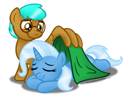 Size: 1015x787 | Tagged: safe, artist:aleximusprime, derpibooru import, trixie, oc, oc:cloud tumble, blanket, canon x oc, eyes closed, female, male, prone, shipping, simple background, sleeping, sleepy, smiling, straight, transparent background, trixietumble, tucking in, wing hands