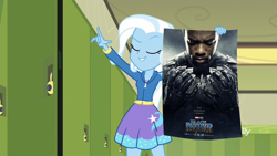 Size: 1920x1080 | Tagged: safe, derpibooru import, edit, edited screencap, screencap, trixie, better together, equestria girls, forgotten friendship, base used, black panther, canterlot high, chadwick boseman, hallway, lockers, marvel, marvel cinematic universe, marvel comics, meme, movie poster, solo, trixie's poster