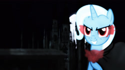 Size: 2560x1440 | Tagged: safe, artist:freak0uo, artist:mastertrevor, derpibooru import, edit, trixie, pony, unicorn, alicorn amulet, castle, evil trixie, female, mare, moon, night, red eyes, solo, tomb, vector, wallpaper, wallpaper edit