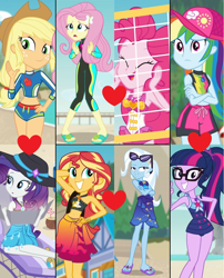 Size: 2500x3100 | Tagged: safe, derpibooru import, edit, screencap, applejack, fluttershy, pinkie pie, rainbow dash, rarity, sci-twi, sunset shimmer, trixie, twilight sparkle, better together, equestria girls, forgotten friendship, clothes, female, flutterpie, lesbian, rarijack, rock horse, scitwidash, shipping, shipping domino, suntrix, swimsuit, twidash, wetsuit