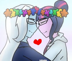 Size: 400x337 | Tagged: safe, artist:paulet-chan06, derpibooru import, trixie, twilight sparkle, best trends forever, better together, equestria girls, female, floral head wreath, flower, heart, lesbian, shipping, twixie