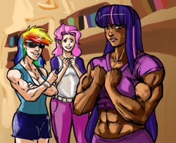 Size: 858x698 | Tagged: safe, artist:first-second, derpibooru import, pinkie pie, rainbow dash, twilight sparkle, humanized, muscles, rainbuff dash, twilight muscle