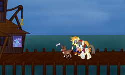 Size: 2500x1500 | Tagged: safe, artist:fetchbeer, derpibooru import, trixie, winona, bone, elaine marley, everyone is an alicorn, guybrush threepwood, melee island, monkey island, ponified, scumm bar, walking