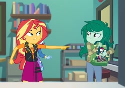 Size: 1398x984 | Tagged: safe, derpibooru import, edit, edited screencap, screencap, sunset shimmer, trixie, wallflower blush, better together, equestria girls, forgotten friendship, bag, book, classroom, clothes, door, fangirl, geode of empathy, get out, jacket, magical geodes, monster high, pants, parody