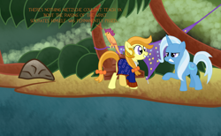 Size: 3000x1850 | Tagged: safe, artist:fetchbeer, derpibooru import, scootaloo, trixie, parrot, angry, guybrush threepwood, hermit, island, jungle, monkey island, ocean, ponified, scootaparrot