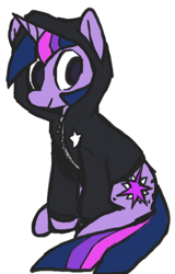 Size: 448x702 | Tagged: safe, artist:ghost, derpibooru import, twilight sparkle, pony, clothes, female, hoodie, mare, simple background, sitting, smiling, solo, white background