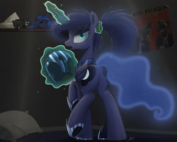 Size: 2000x1604 | Tagged: safe, artist:ncmares, princess luna, alicorn, pony, alternate hairstyle, armor, ask majesty incarnate, bad religion, blob ponies, cartographer's cap, cute, female, hat, looking at you, looking back, magic, mare, moonbutt, ncmares is trying to murder us, nightmare moon armor, open mouth, plot, ponytail, skippy, skippy the moonrock, solo, too many ponies