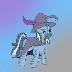 Size: 1200x1200 | Tagged: safe, artist:pavlovzdawg, derpibooru import, trixie, zecora, hybrid, zebra, zebracorn, zony, cape, cloak, clothes, eyelashes, feathered hat, female, fusion, gradient, gradient background, hat, lidded eyes, mare, solo, species swap, wizard hat, zebrafied