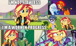 Size: 3413x2048 | Tagged: safe, derpibooru import, screencap, microchips, sci-twi, sunset shimmer, trixie, twilight sparkle, wallflower blush, better together, equestria girls, forgotten friendship, friendship games, rainbow rocks, angry, clothes, flawless, geode of empathy, image macro, jacket, meme, truth, we're not flawless