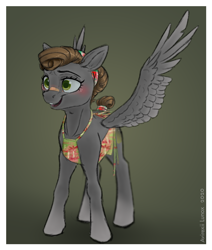 Size: 1272x1500 | Tagged: safe, artist:avirexiilunox, derpibooru import, oc, oc:lichen trichum, pegasus, 50's fashion, apron, bandaid, bandana, bob tail, brown hair, clothes, curly hair, curly tail, cute, female, gray, green eyes, housewife, mare, milf, pegasus oc, solo, tiny horse, tiny mare, wings