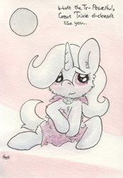 Size: 679x980 | Tagged: safe, artist:slightlyshade, derpibooru import, trixie, pony, unicorn, dialogue, female, fluffy, mare, shy, solo, stuttering, traditional art, tsundere