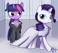 Size: 1000x900 | Tagged: safe, artist:solar-slash, derpibooru import, rarity, twilight sparkle, pony, unicorn, clothes, dress, suit