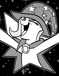 Size: 612x792 | Tagged: safe, artist:nanook123, derpibooru import, trixie, pony, unicorn, clothes, female, hat, mare, monochrome, trixie's hat