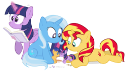 Size: 1000x575 | Tagged: safe, artist:dm29, derpibooru import, flash sentry, sunset shimmer, trixie, twilight sparkle, twilight sparkle (alicorn), alicorn, pegasus, pony, unicorn, backwards cutie mark, counterparts, cute, diasentres, diatrixes, doll, julian yeo is trying to murder us, magical trio, now kiss, plushie, role play, shimmerbetes, shipper on deck, simple background, sunset shipper, the great and powerful shipper, transparent background, trio, twiabetes, twilight's counterparts