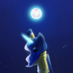 Size: 1200x1200 | Tagged: safe, artist:anticular, princess luna, alicorn, pony, ask sunshine and moonbeams, clothes, eyes closed, female, freddie mercury, magic, mare, moon, moon work, night, queen (band), raised hoof, solo