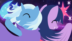 Size: 1920x1080 | Tagged: safe, artist:darkwolfmx, derpibooru import, trixie, twilight sparkle, twilight sparkle (alicorn), alicorn, pony, cover, cutie mark, female, lesbian, mare, shipping, twixie, wallpaper