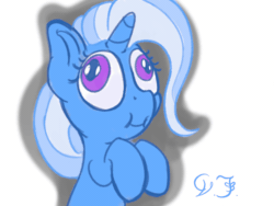 Size: 1600x1200 | Tagged: safe, artist:velvet frame, derpibooru import, trixie, pony, unicorn, animated, derp, female, mare, open mouth, signature, silly, silly pony, simple background, smiling, solo, speech, wat