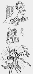 Size: 455x1024 | Tagged: safe, artist:tebasaki, derpibooru import, trixie, twilight sparkle, pony, unicorn, bipedal, clothes, comic, competition, glasses, grayscale, lightning, monochrome, school uniform, skirt, traditional art