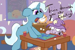 Size: 6000x4000 | Tagged: safe, artist:solipsus, derpibooru import, trixie, pony, unicorn, board game, cup, female, filly, fireworks, hat, mare, plushie, risk, sippy cup, solo, wizard hat, younger