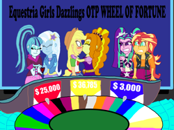 Size: 4032x3024 | Tagged: safe, artist:ktd1993, derpibooru import, adagio dazzle, applejack, aria blaze, sonata dusk, sunset shimmer, trixie, equestria girls, dazzlejack, female, kissing, lesbian, shipping, sonxie, sunblaze, the dazzlings, wheel of fortune