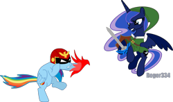 Size: 2899x1700 | Tagged: safe, artist:roger334, princess luna, rainbow dash, alicorn, pegasus, pony, captain falcon, f-zero, group shot, link, master sword, nintendo, rainbow punch, simple background, super smash bros., sword, the legend of zelda, transparent background