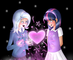 Size: 2400x2000 | Tagged: safe, artist:rmariansj, derpibooru import, trixie, twilight sparkle, human, clothes, female, hands behind back, heart, humanized, lesbian, open mouth, shipping, twixie