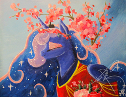 Size: 1600x1232 | Tagged: safe, artist:jorobro, princess luna, alicorn, pony, cherry blossoms, eyes closed, kimono (clothing), solo, traditional art