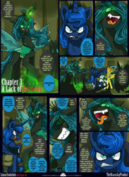 Size: 2376x3240 | Tagged: safe, artist:dracojayproduct, princess luna, queen chrysalis, spitfire, oc, oc:pierson, oc:willow, alicorn, changeling, changeling queen, pony, comic:lunar isolation, comic