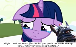 Size: 699x436 | Tagged: safe, derpibooru import, edit, edited screencap, screencap, twilight sparkle, winter wrap up, crossover, fan fic fuel, floppy ears, kamen rider, kamen rider fourze, psyga's alternate pony scenes, scorpio zodiarts, teary eyes