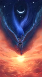 Size: 1860x3381 | Tagged: safe, artist:bluespaceling, princess luna, alicorn, pony, beautiful, cloud, cloudy, detailed, epic, female, flying, mare, moon, night, solo