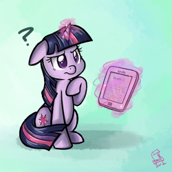 Size: 1300x1300 | Tagged: safe, artist:cainescroll, derpibooru import, twilight sparkle, unicorn twilight, unicorn, confused, female, kindle, levitation, magic, mare, question mark, sitting, solo, tablet, telekinesis