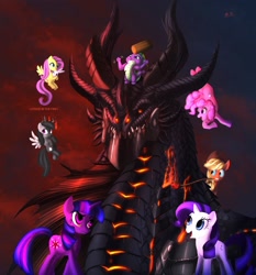 Size: 1800x1930 | Tagged: safe, artist:ghostwalker2061, derpibooru import, applejack, fluttershy, pinkie pie, rainbow dash, rarity, spike, twilight sparkle, dragon, earth pony, pegasus, pony, unicorn, crossover, deathwing, warcraft