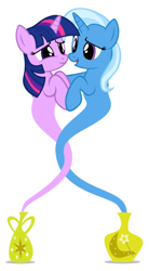 Size: 366x662 | Tagged: safe, artist:navitaserussirus, derpibooru import, trixie, twilight sparkle, asktwixiegenies, cropped, duo, female, genie, lesbian, shipping, simple background, twixie, white background