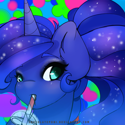 Size: 1000x1000 | Tagged: safe, artist:chocolateponi, princess luna, alicorn, pony, drinking, looking at you, solo