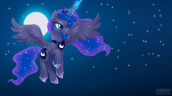 Size: 1280x718 | Tagged: safe, artist:naminzo, princess luna, alicorn, pony, female, flying, horn, mare, solo