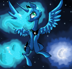 Size: 800x768 | Tagged: safe, artist:nicothemintyrabbit, princess luna, alicorn, pony, ear fluff, flying, moon, solo