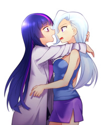 Size: 650x808 | Tagged: safe, artist:megarexetera, derpibooru import, trixie, twilight sparkle, human, clothes, coat, female, hug, humanized, lab coat, lesbian, looking at each other, miniskirt, open mouth, shipping, skirt, twixie