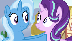 Size: 1920x1080 | Tagged: safe, derpibooru import, screencap, starlight glimmer, trixie, pony, unicorn, all bottled up, best friends, cute, diatrixes, duo, female, looking at each other, mare, ponyville, smiling, upsies