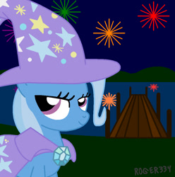 Size: 870x878 | Tagged: safe, artist:roger334, derpibooru import, trixie, pony, unicorn, cape, clothes, female, fireworks, hat, mare, night, solo, trixie's cape, trixie's hat