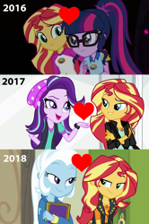 Size: 1703x2560 | Tagged: safe, derpibooru import, edit, edited screencap, screencap, sci-twi, starlight glimmer, sunset shimmer, trixie, twilight sparkle, better together, equestria girls, forgotten friendship, legend of everfree, mirror magic, spoiler:eqg specials, beanie, counterparts, female, glasses, hat, lesbian, scitwishimmer, shimmerglimmer, shipping, sunset shimmer gets all the mares, sunsetsparkle, suntrix, twilight's counterparts