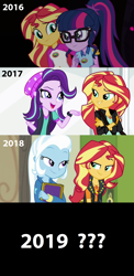 Size: 1696x3488 | Tagged: safe, derpibooru import, edit, edited screencap, screencap, sci-twi, starlight glimmer, sunset shimmer, trixie, twilight sparkle, better together, equestria girls, forgotten friendship, legend of everfree, mirror magic, spoiler:eqg specials, 2019, beanie, counterparts, female, glasses, hat, lesbian, scitwishimmer, shimmerglimmer, shipping, sunset shimmer gets all the mares, sunsetsparkle, suntrix, twilight's counterparts