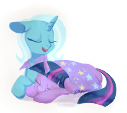 Size: 1300x1156 | Tagged: safe, artist:sion, derpibooru import, trixie, twilight sparkle, female, lesbian, shipping, sleeping, twixie