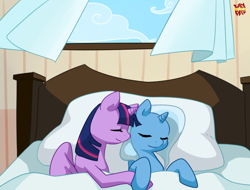 Size: 898x681 | Tagged: safe, artist:norang94, derpibooru import, trixie, twilight sparkle, twilight sparkle (alicorn), alicorn, pony, bed, female, lesbian, mare, morning ponies, shipping, twixie