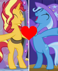 Size: 839x1024 | Tagged: safe, derpibooru import, sunset shimmer, trixie, better together, boast busters, equestria girls, forgotten friendship, bipedal, cute, female, lesbian, shipping, suntrix