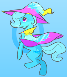 Size: 1852x2117 | Tagged: safe, artist:amberpendant, derpibooru import, trixie, pony, unicorn, blue background, cape, clothes, female, gradient background, hat, mare, solo, wizard hat